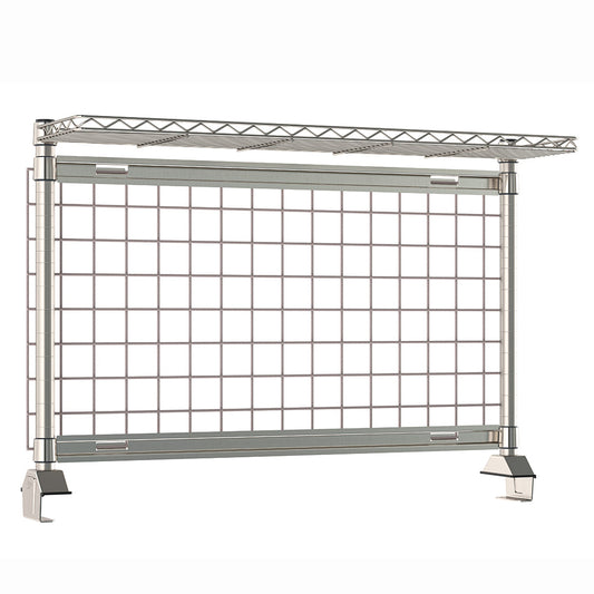 12"d x 34"h TableWorx Work Table Risers w/ Cantilevered Stainless Steel Wire Shelf & Epoxy SmartWall Grid - Rear Mount