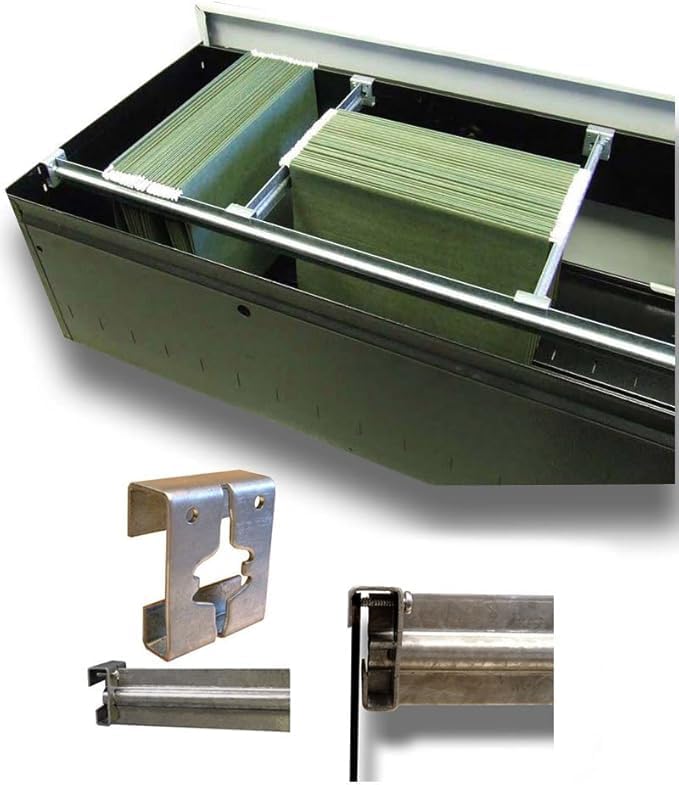 Cut to Length Heavy Duty Metal File Bar Kit w/ 2 Clips for Metal or Wood Drawers (for Metal Drawers)