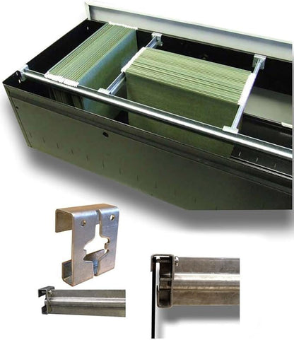 Cut to Length Heavy Duty Metal File Bar Kit w/ 2 Clips for Metal or Wood Drawers (for Metal Drawers)
