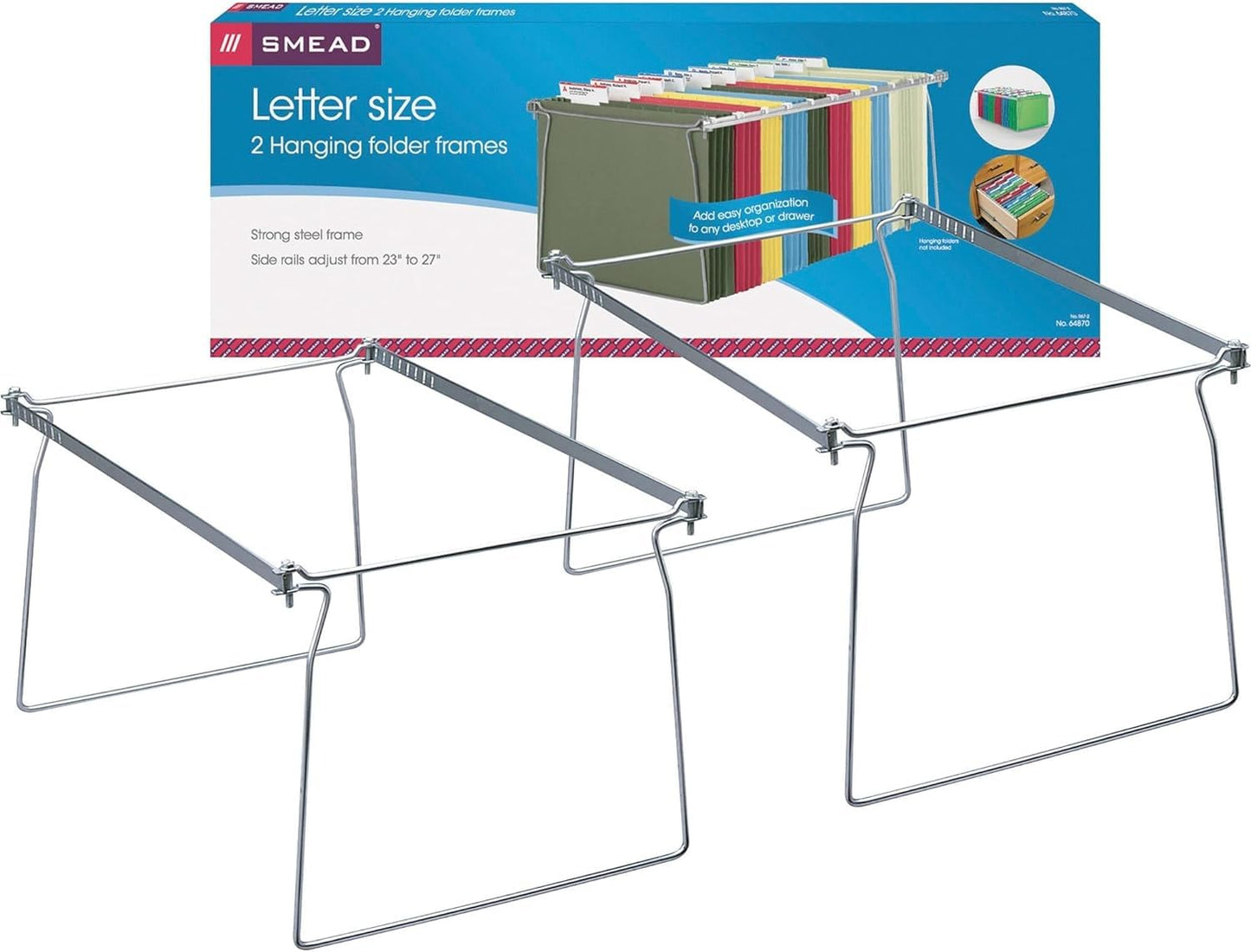 Metal Hanging File Folder Frames (Set of 2)- Adjustable Length 23" to 27", Letter Size (9" High x 12" Wide), Compatible with Major Vertical File Brands