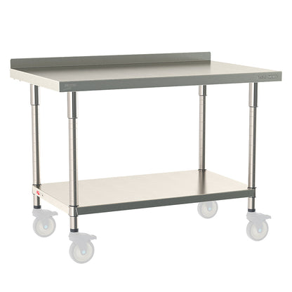 30"d TableWorx Mobile-Ready 316 Stainless Steel Top Work Tables w/ Backsplash & Undershelf