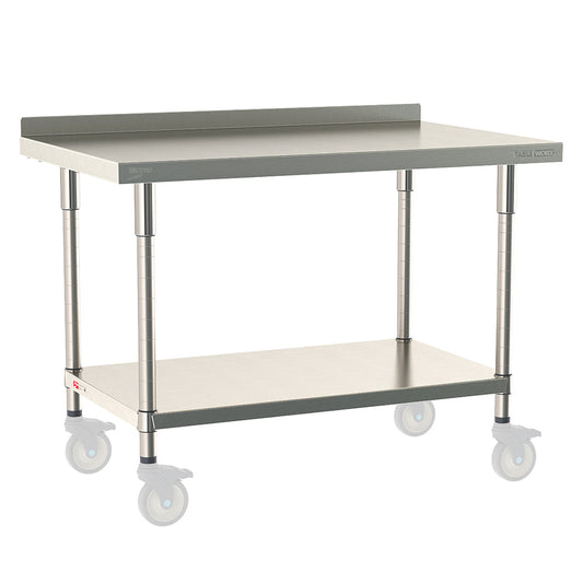 30"d TableWorx Mobile-Ready 316 Stainless Steel Top Work Tables w/ Backsplash & Undershelf