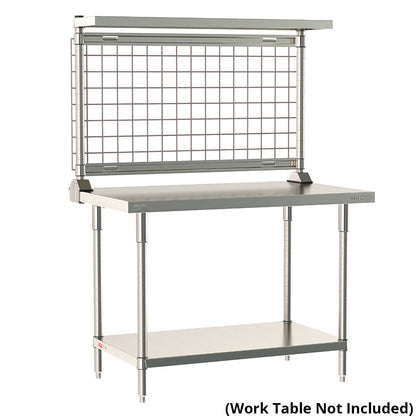 12"d x 34"h TableWorx Work Table Risers w/ Cantilevered Stainless Steel Solid Shelf & Epoxy SmartWall Grid - Rear Mount