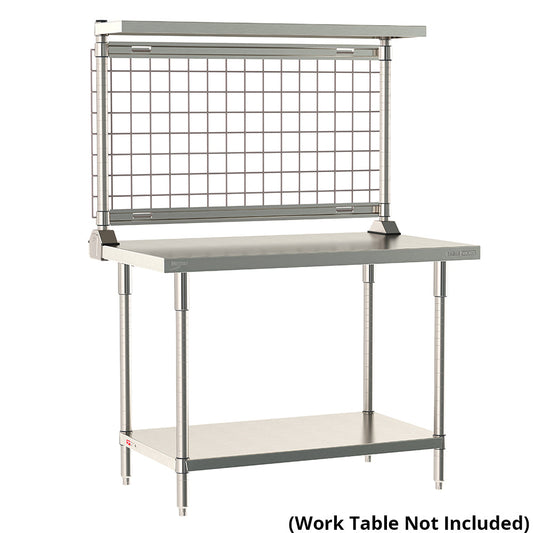 12"d x 34"h TableWorx Work Table Risers w/ Cantilevered Stainless Steel Solid Shelf & Epoxy SmartWall Grid - Rear Mount