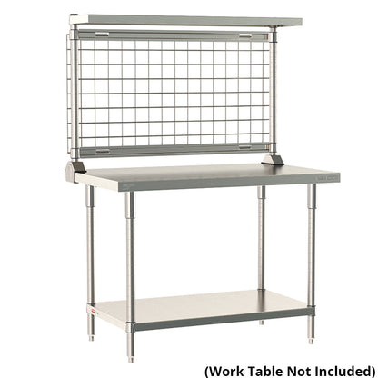 12"d x 34"h TableWorx Work Table Risers w/ Cantilevered Stainless Steel Solid Shelf & SmartWall Grid - Rear Mount