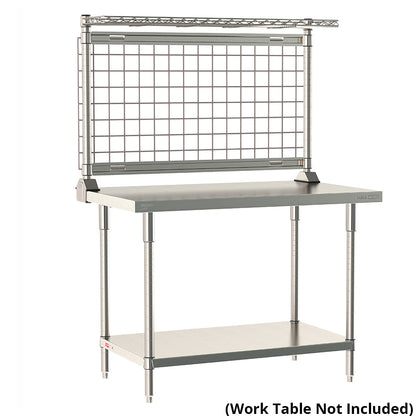12"d x 34"h TableWorx Work Table Risers w/ Cantilevered Stainless Steel Wire Shelf & Epoxy SmartWall Grid - Rear Mount