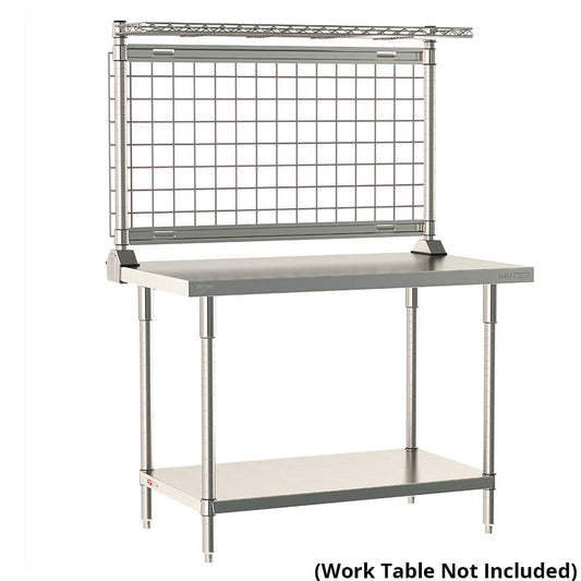 12"d x 34"h TableWorx Work Table Risers w/ Cantilevered Stainless Steel Wire Shelf & Epoxy SmartWall Grid - Rear Mount